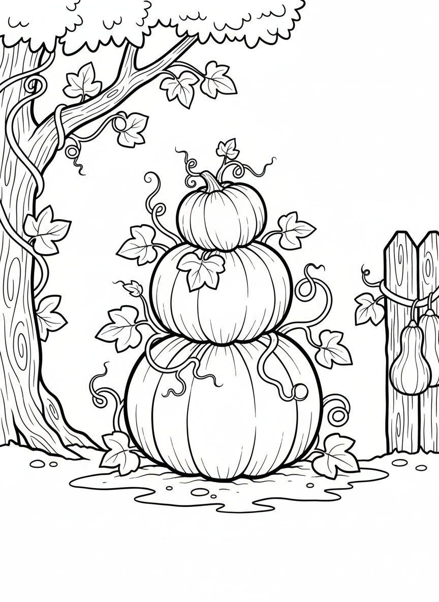 Three stacked pumpkins of different sizes with curly vines and leaves, arranged like a cheerful tower.