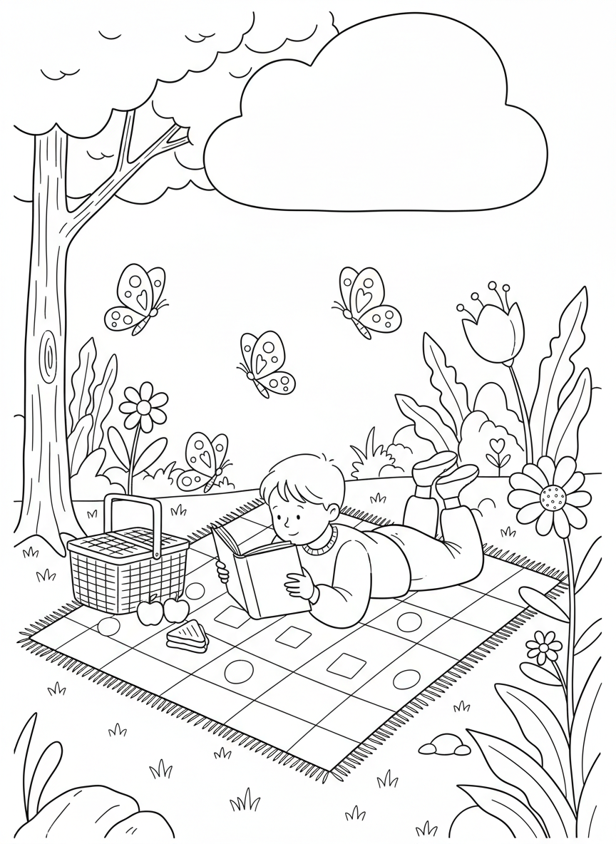 A child lying on their stomach on a blanket outdoors, reading a book with a picnic basket and butterflies nearby.