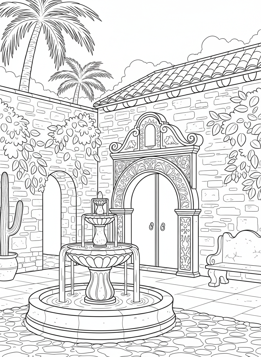 The historic Spanish Governor's Palace with its ornate doorway, stone walls, and courtyard fountain, architectural coloring page with moderate detail.