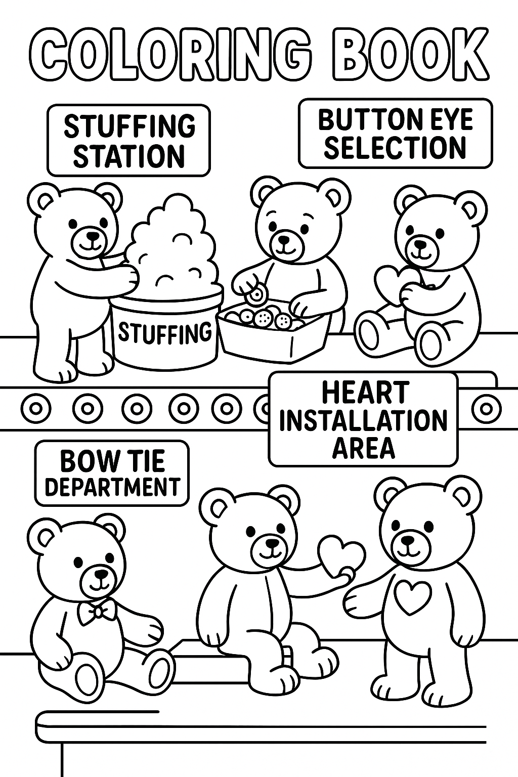 Teddy bears building other teddy bears, stuffing station, button eye selection, bow tie department, heart installation area, thick black outlines, meta toy factory scene