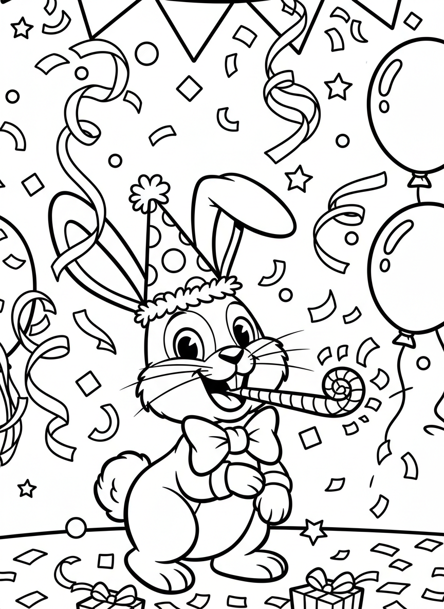 A happy bunny blowing a party horn, wearing a cone-shaped hat, with streamers and confetti all around.