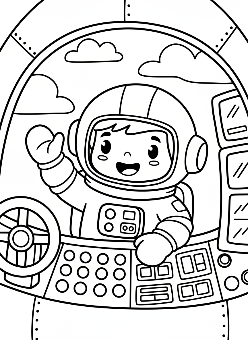 A cute cartoon astronaut waving hello inside a rocket ship cockpit with control panels and buttons, simple and friendly design