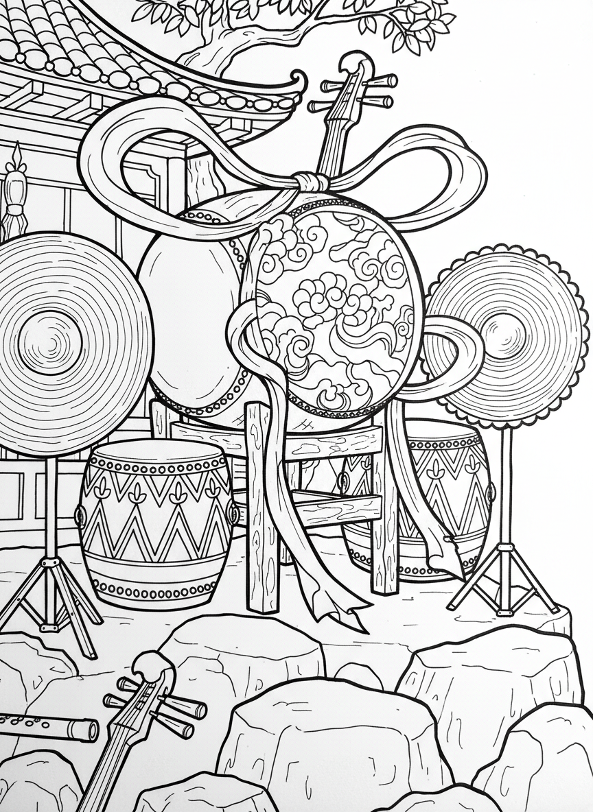 Traditional drums and cymbals with decorative patterns and ribbons, musical instruments close-up
