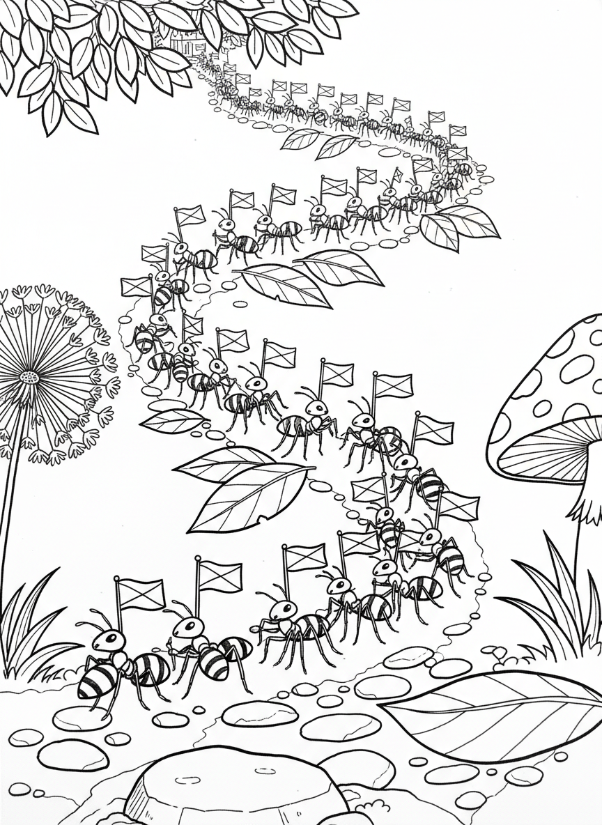 A parade of 100 ants marching in a winding line across the page carrying tiny flags