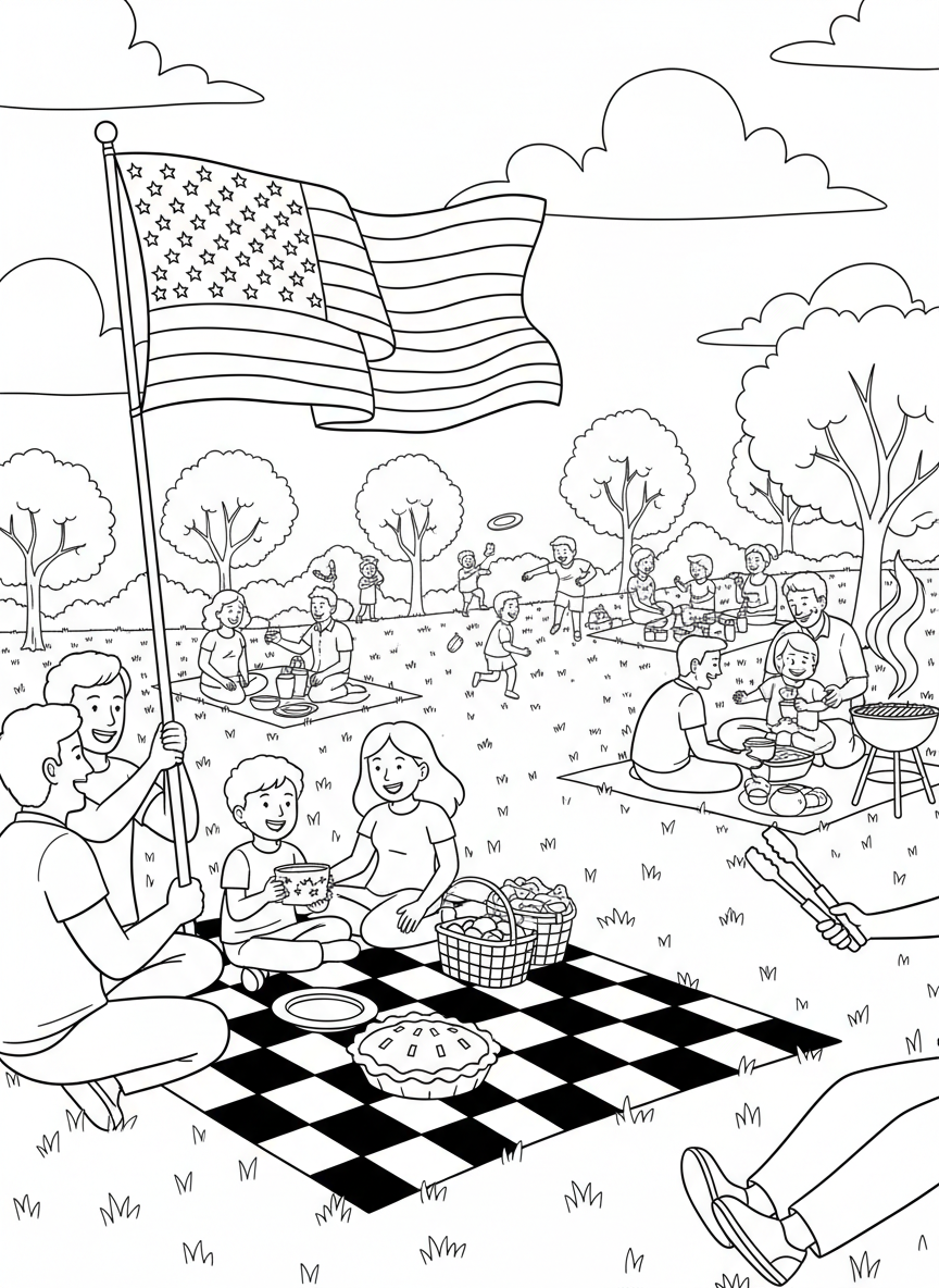 Fourth of July Picnic coloring page prompts capturing summer gatherings, patriotic colors, and relaxed outdoor celebrations.	A wide park view showing multiple picnic groups celebrating together under clear summer skies.