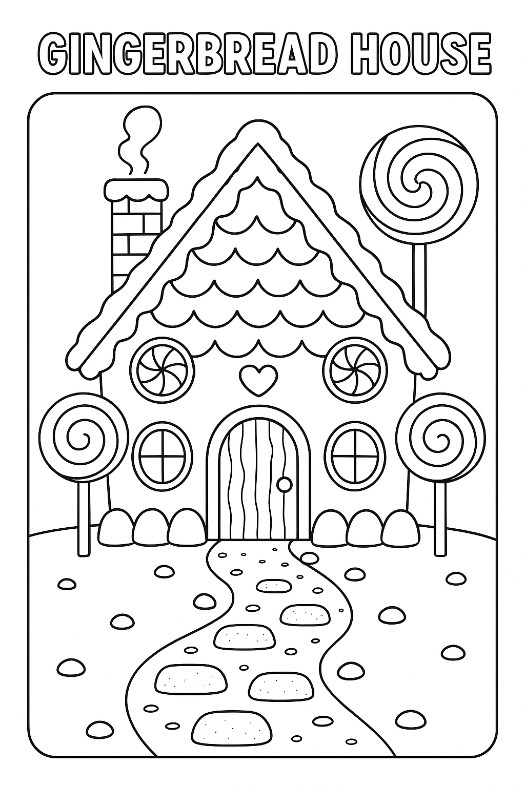 Gingerbread house coloring page: detailed house with candy decorations, gumdrop path, lollipop trees, icing patterns on roof, peppermint windows, chocolate door, thick outlines for coloring fun