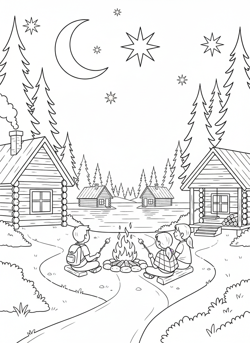 Summer Camp coloring page prompts capturing outdoor fun, friendships, cabins, and memorable childhood adventures.	A peaceful nighttime camp scene with stars overhead and cabins resting quietly.