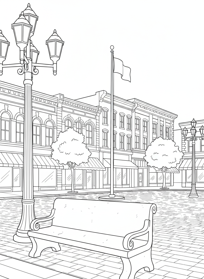 Sundance Square plaza scene with decorative street lamps, benches, and storefronts, detailed city landmark coloring page