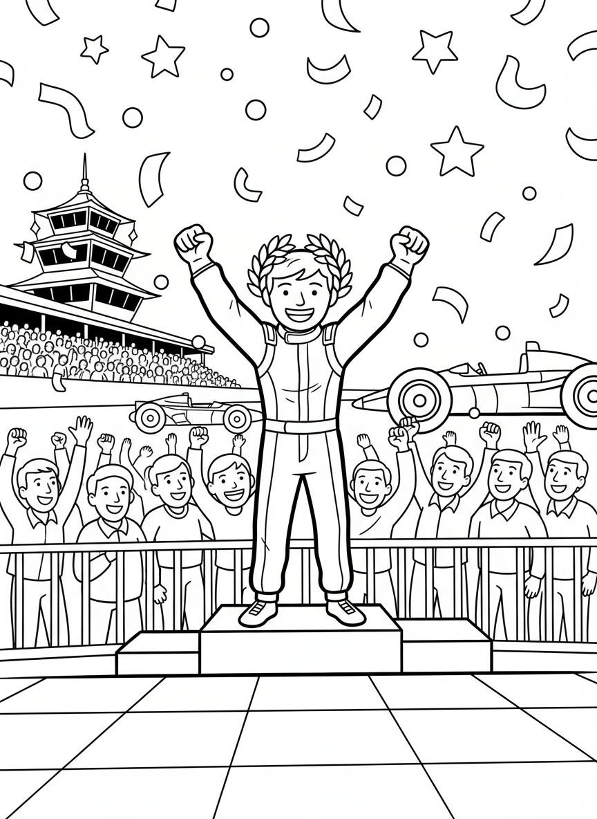 Indy 500 coloring page prompts capturing speed, tradition, roaring engines, packed grandstands, and legendary race moments.	The victory celebration in the winner’s circle, the champion raising arms in triumph as confetti falls and fans cheer loudly.
