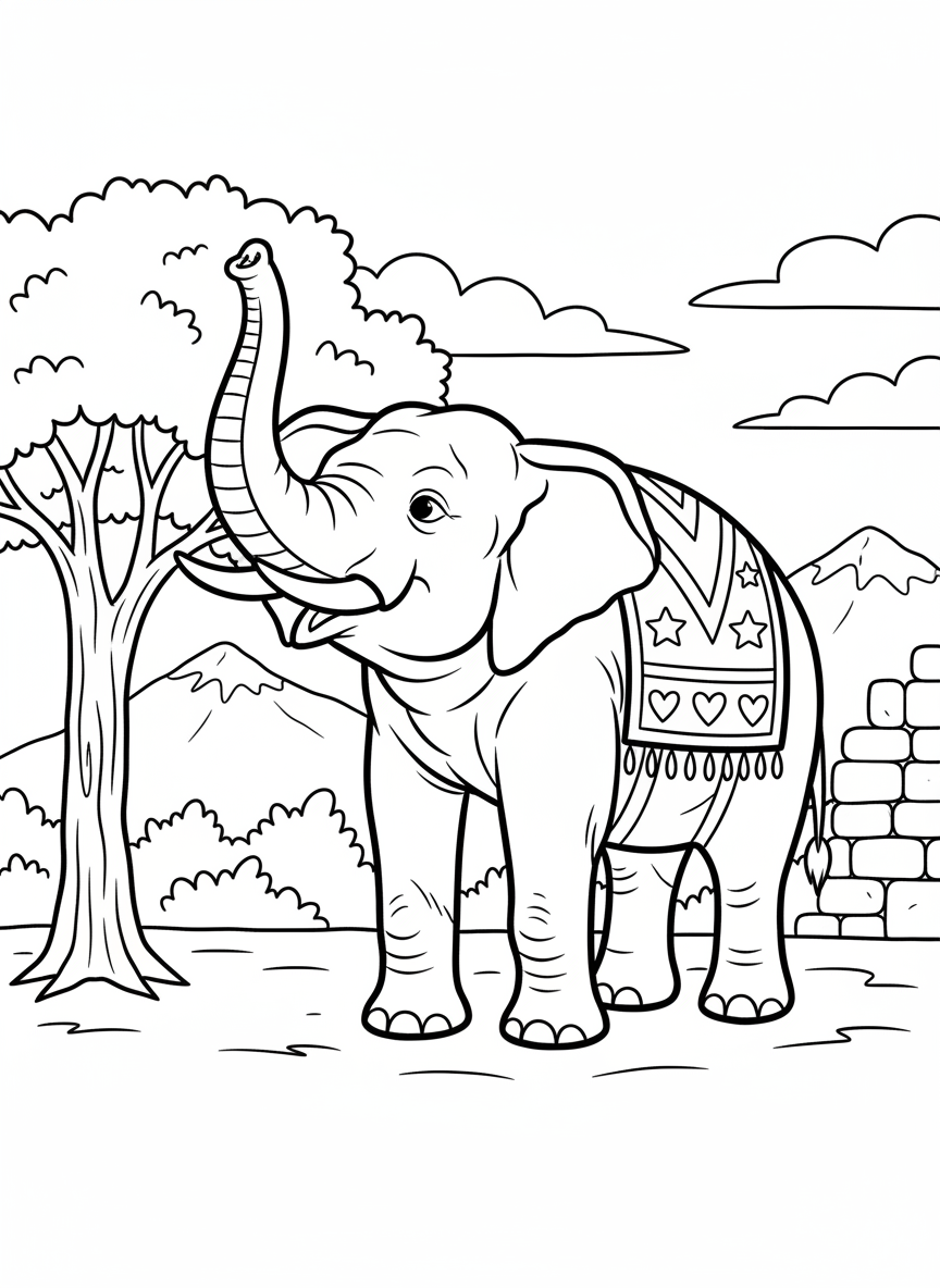 An elephant wearing a patterned blanket on its back, decorated with simple stars and hearts, standing proudly with trunk raised