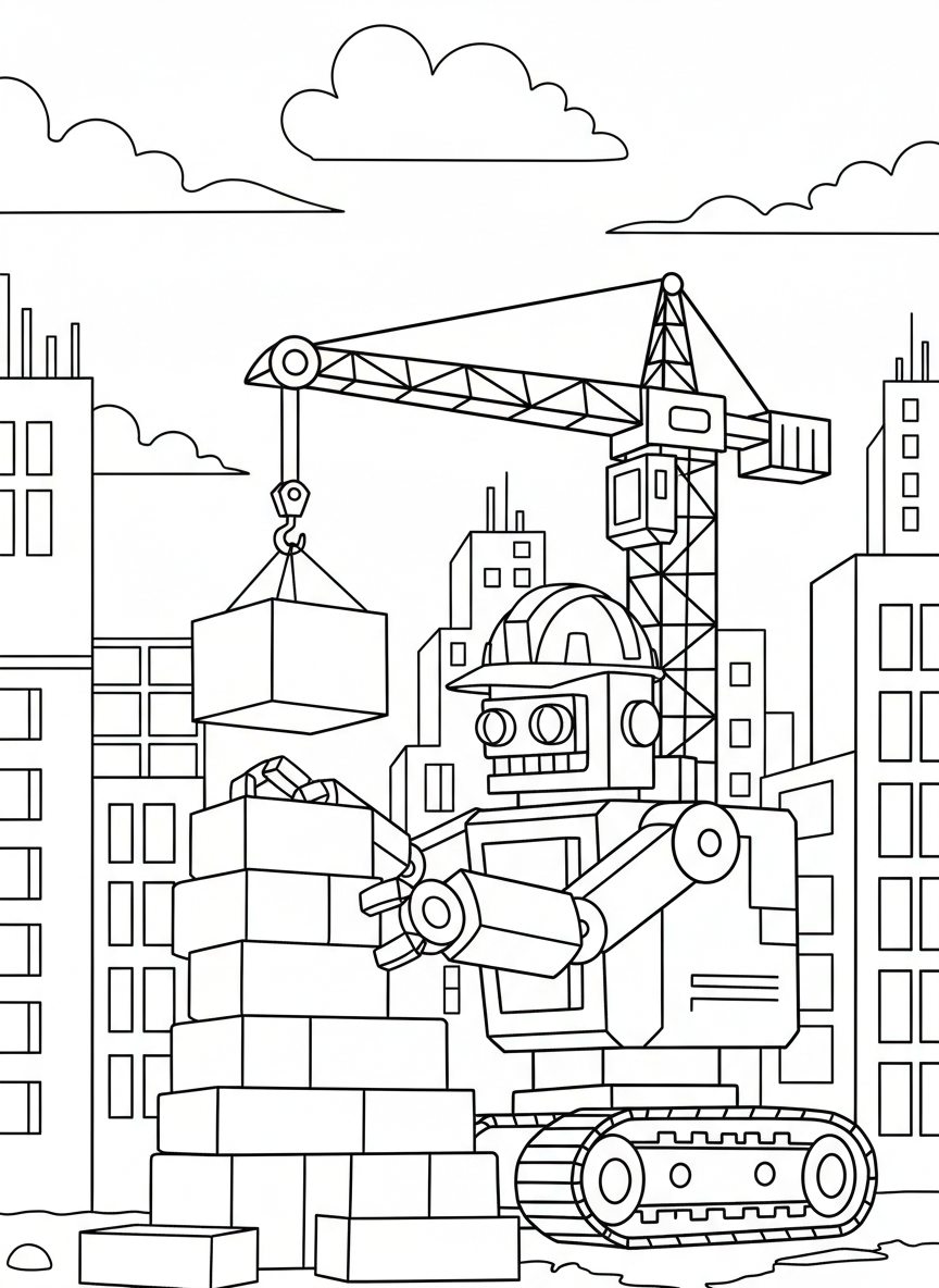 A construction robot with a crane arm and treads building a tower of blocks, wearing a hard hat.