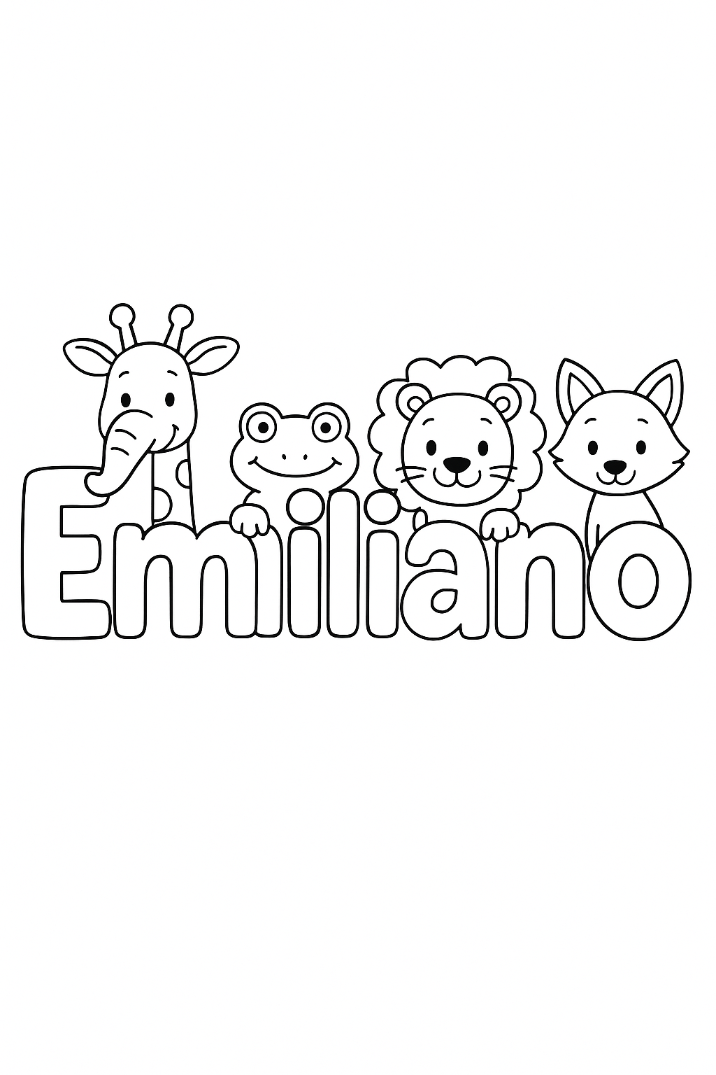 The name “Emiliano” in bubble letters with cartoon animals peeking out of each letter. make the name all on one line, capitalize only the first letter