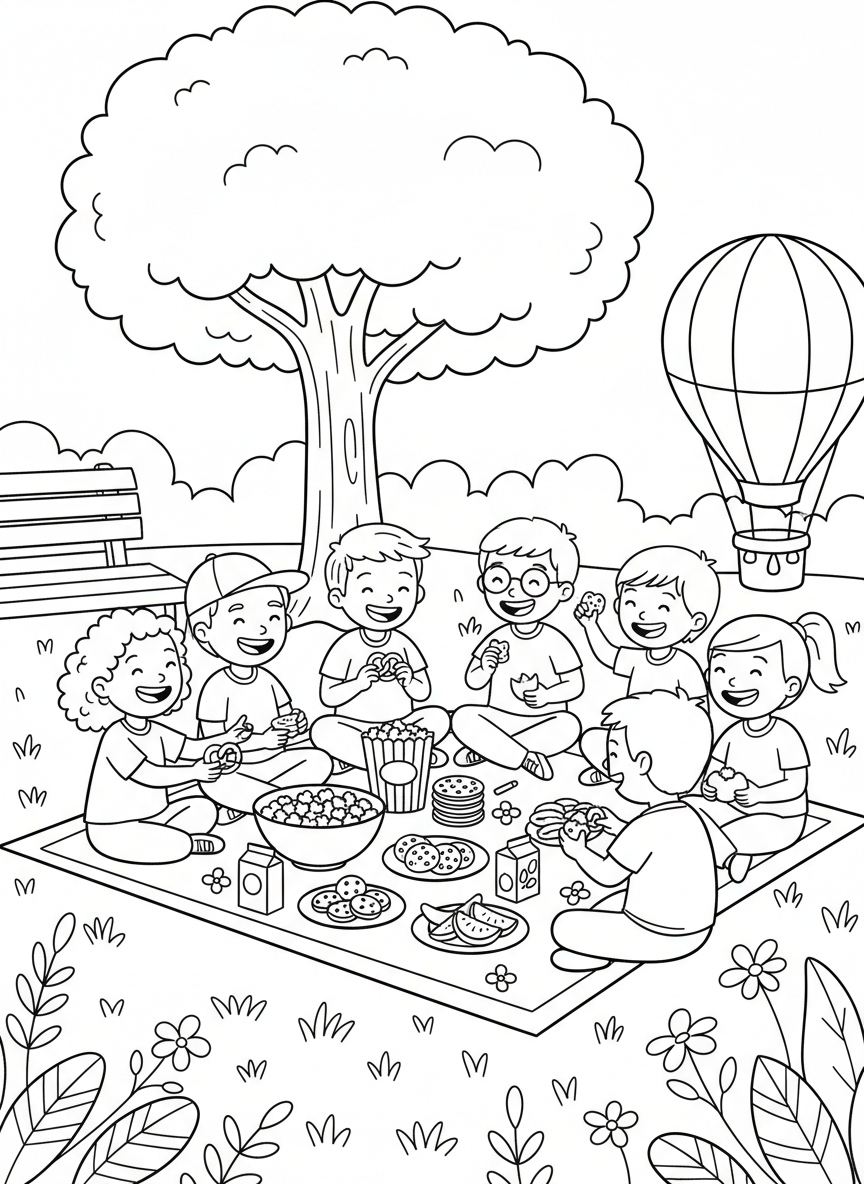 A group of diverse kids sitting in a circle sharing snacks and treats, with happy expressions and simple background details.