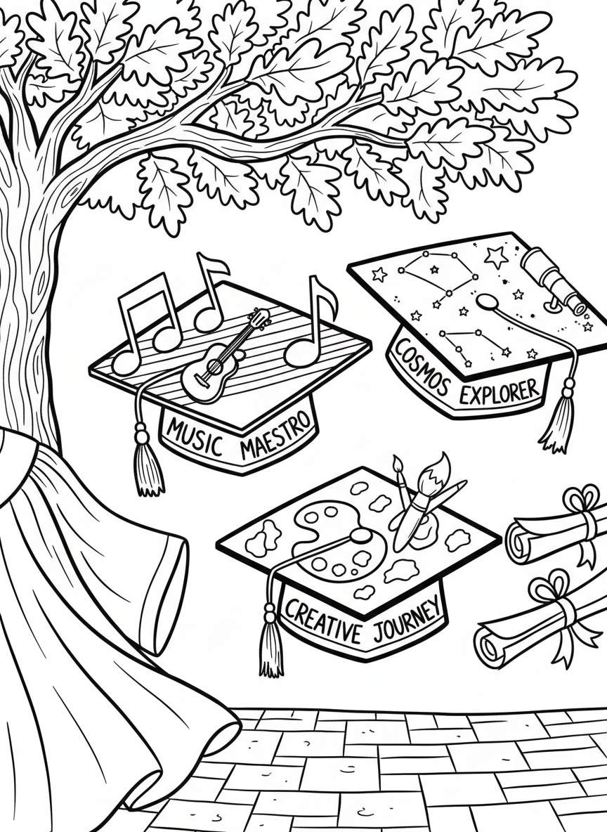Graduation Day coloring page prompts celebrating achievement, ceremony, pride, and major life milestones.	A close-up of decorated graduation caps, each reflecting personality and personal journeys.