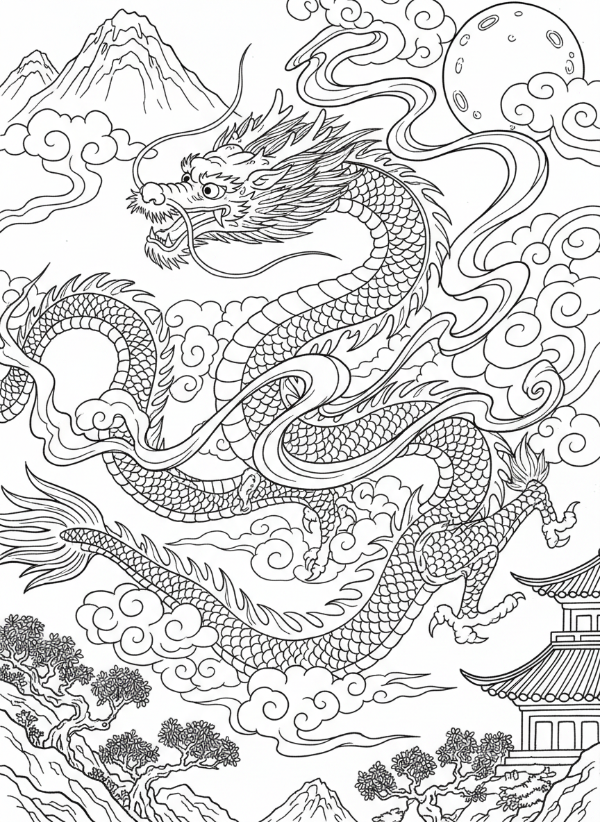 A Chinese dragon winding through the sky with a long serpentine body, whiskers, and traditional flowing design elements.
