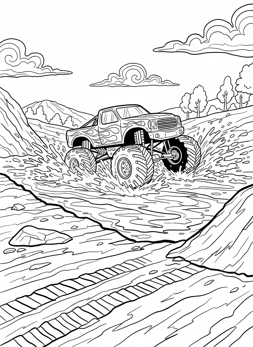 Monster truck with flame decals racing through a muddy outdoor course with splashing dirt