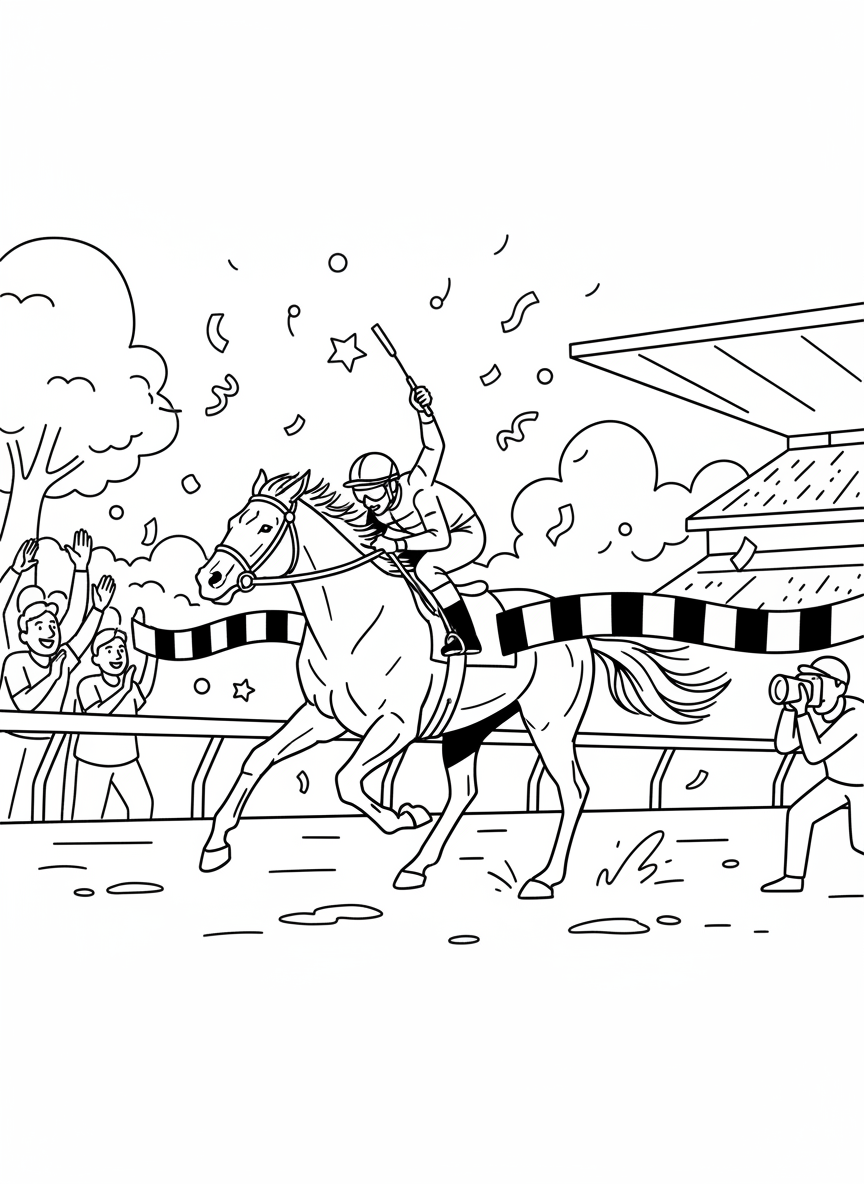 A horse and jockey crossing the finish line with confetti falling, capturing the exciting moment of victory.