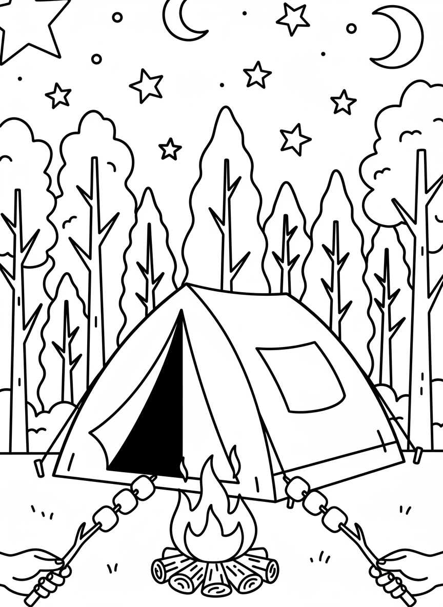 A family camping tent in the woods with a campfire, marshmallows on sticks, and stars above