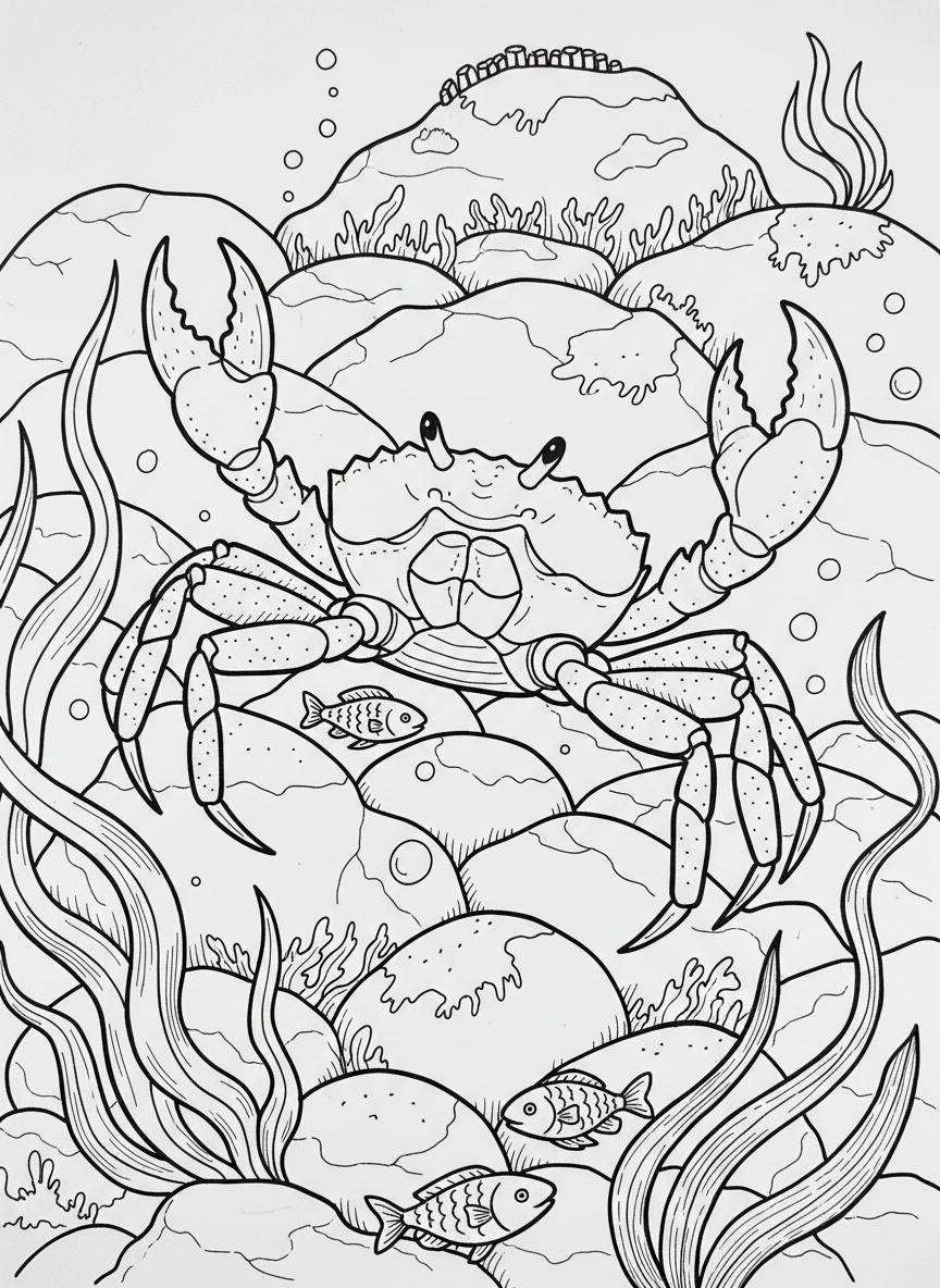 A tidepool crab holding its claws up in a friendly wave, standing on seaweed-covered rocks with small fish in the background