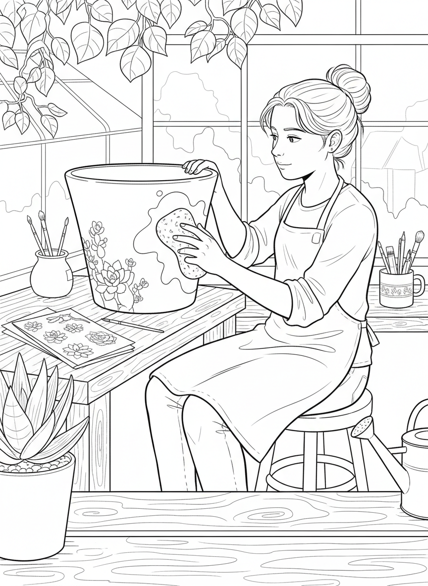 A young artist using a sponge to dab paint onto a ceramic flower pot, with succulent designs sketched on paper nearby.