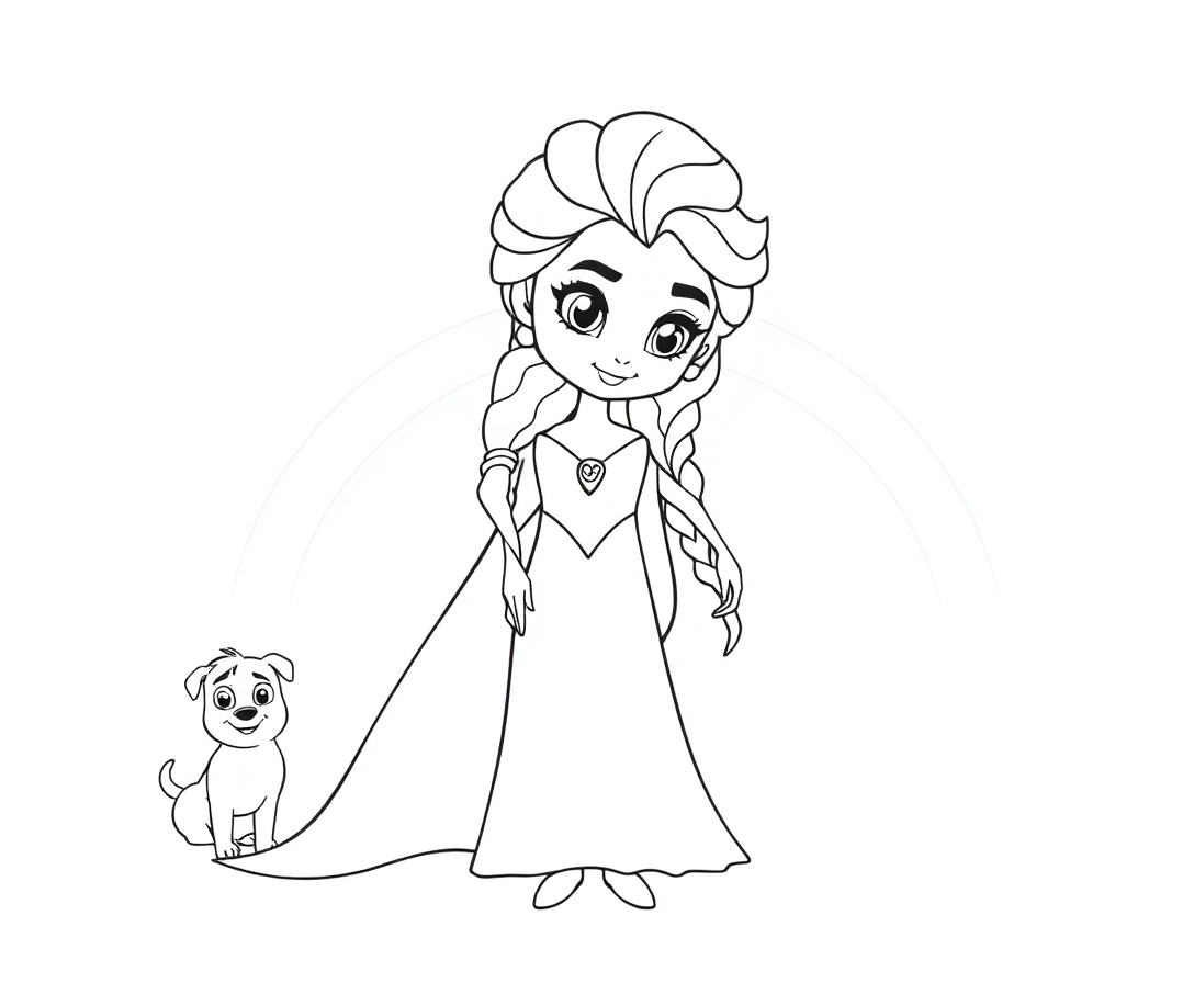 Create a cute image of Elsa from Frozen. Include a rainbow in the background with a dogs