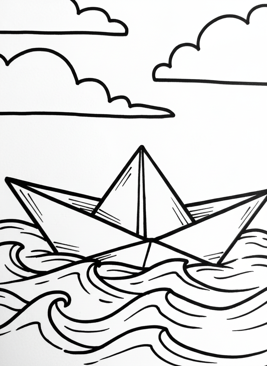 Close-up view of a classic origami sailboat with triangular sails and sharp creases, shown from the side with simple wave patterns below.
