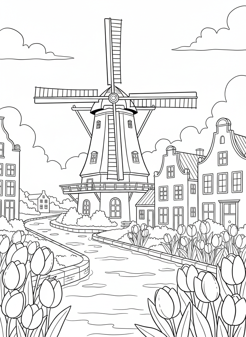 A Dutch windmill beside a canal with tulips in the foreground, traditional architecture with large blades and windows.