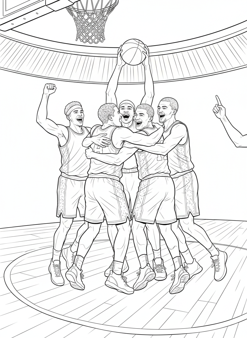 A team of happy basketball players celebrating together in a group hug after winning a game, big smiles and raised arms.