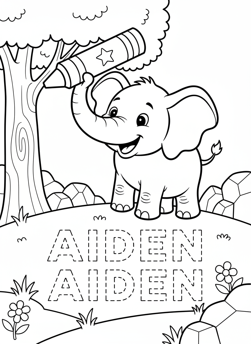 A happy elephant holding a crayon with its trunk, three tracing rows showing 'AIDEN' in dashed outline letters below