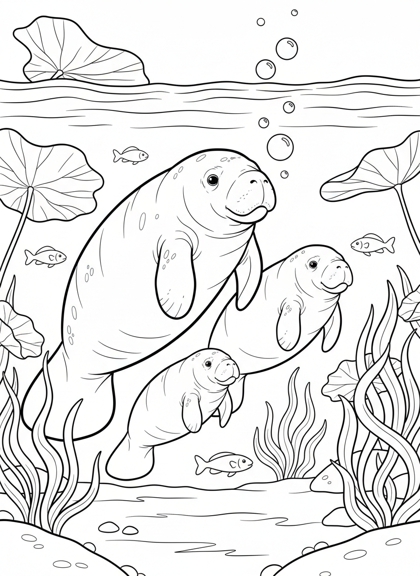 A manatee family swimming together in calm river waters with fish and aquatic plants around them, gentle line art