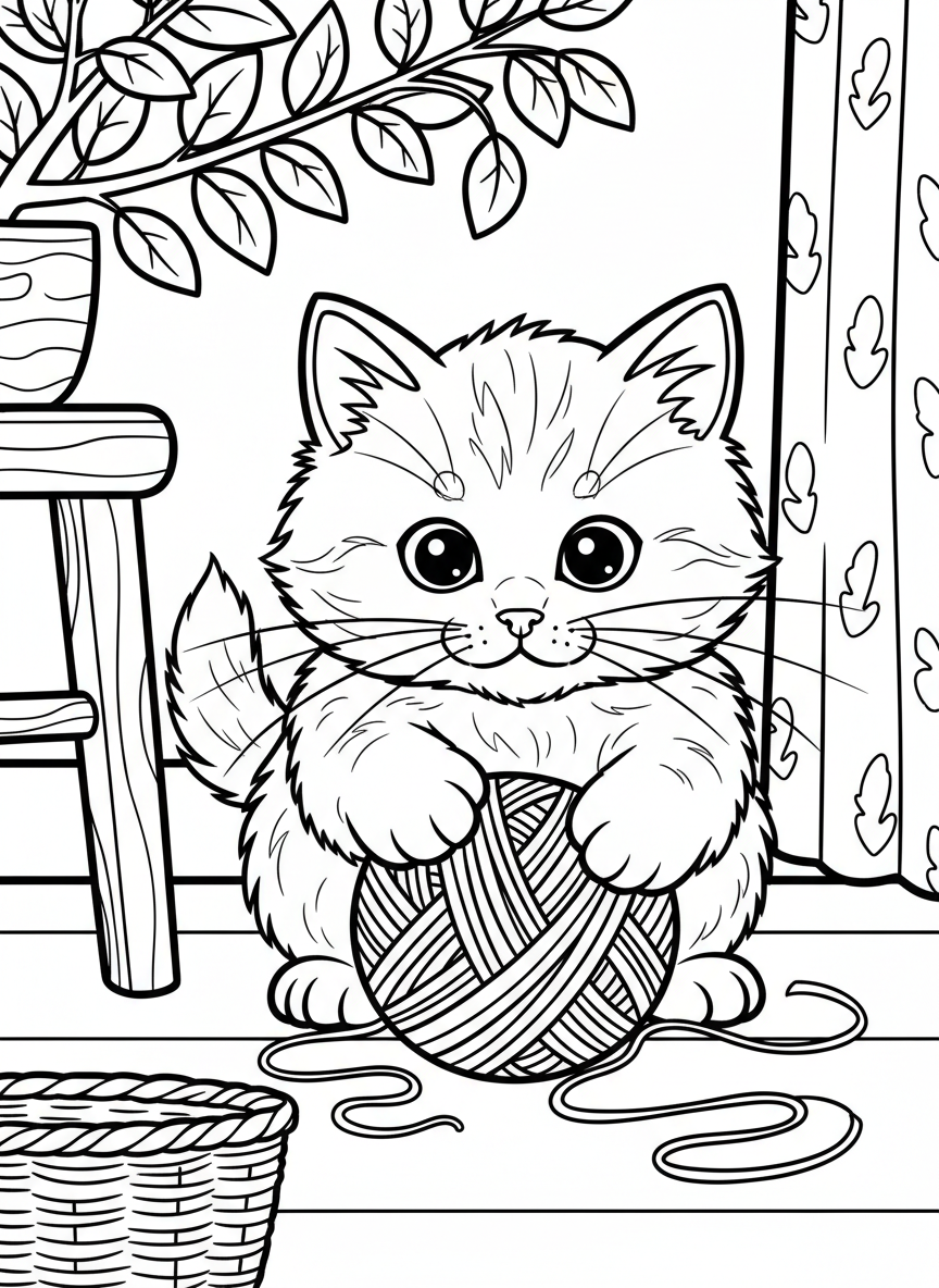 A fluffy kitten playing with a ball of yarn, shown in a close-up view with large expressive eyes and whiskers.