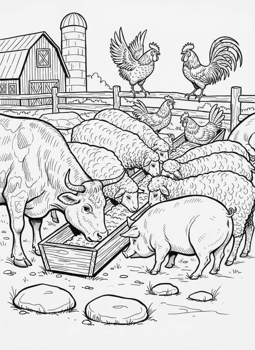 A feeding time scene where animals gather around troughs, chickens flutter nearby, and the environment feels active and lively.