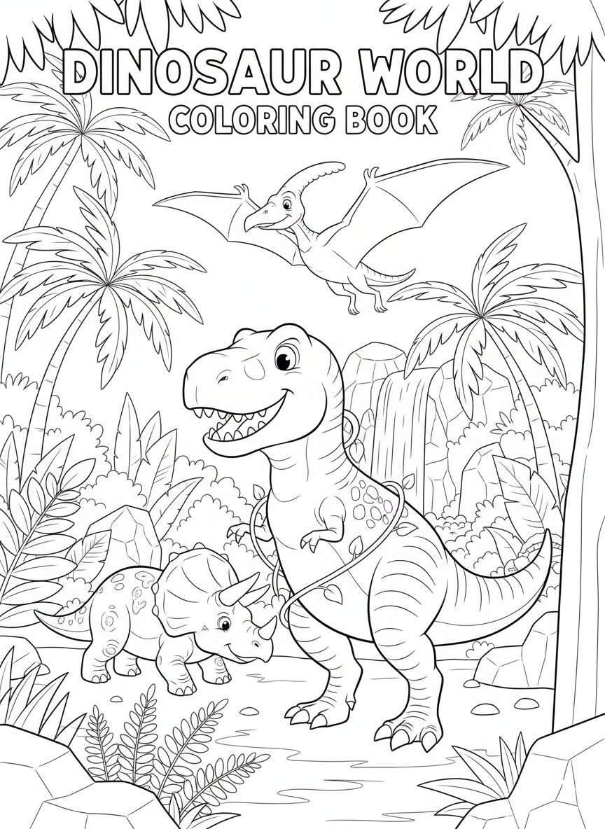Dinosaur world coloring book cover, full-color illustration with friendly cartoon T-Rex, triceratops, and pterodactyl in a jungle. Title-safe area at top.