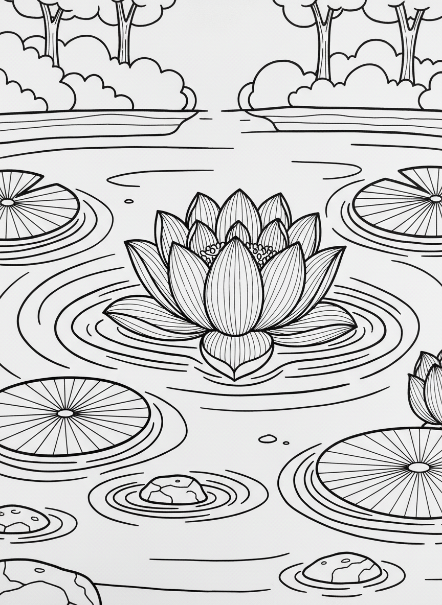 A detailed lotus flower floating on water with lily pads and ripples around it, peaceful pond setting.