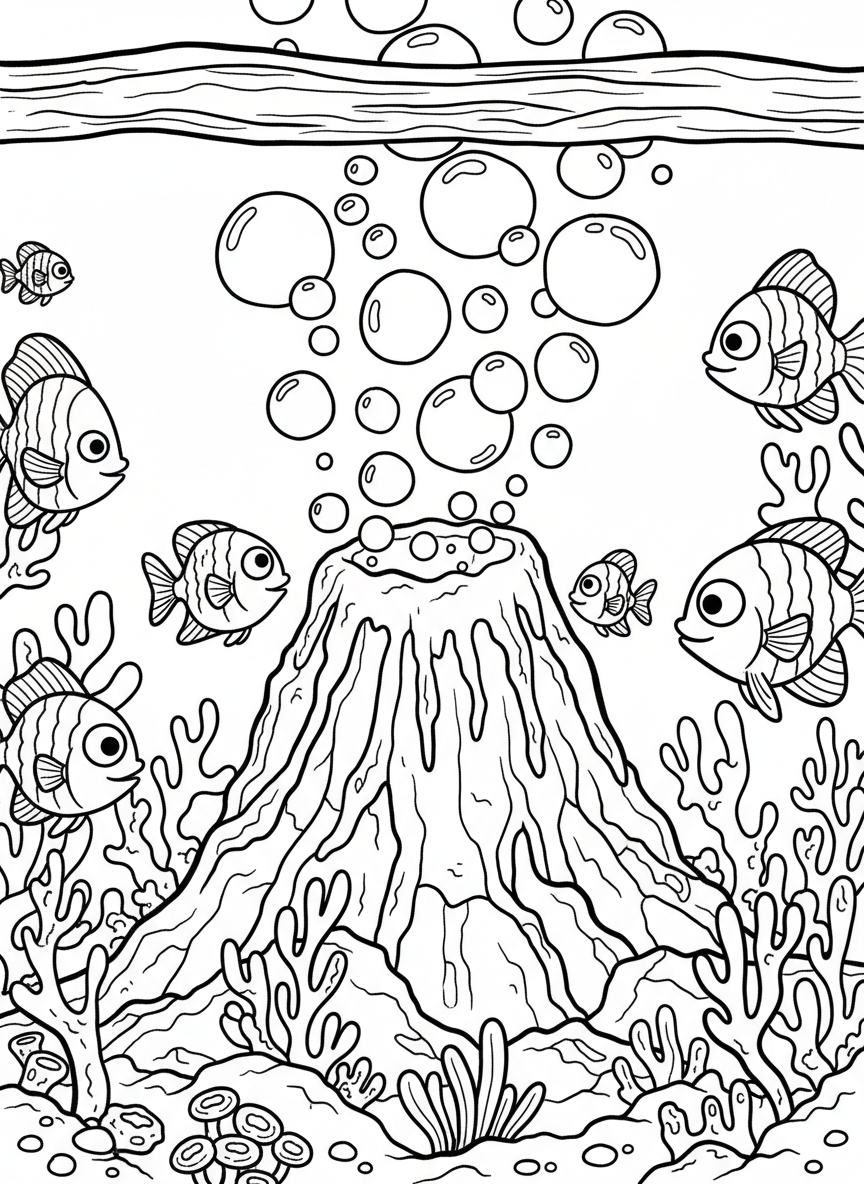 An underwater volcanic vent on the ocean floor with curious fish swimming nearby, bubbles rising, and coral formations around the base.