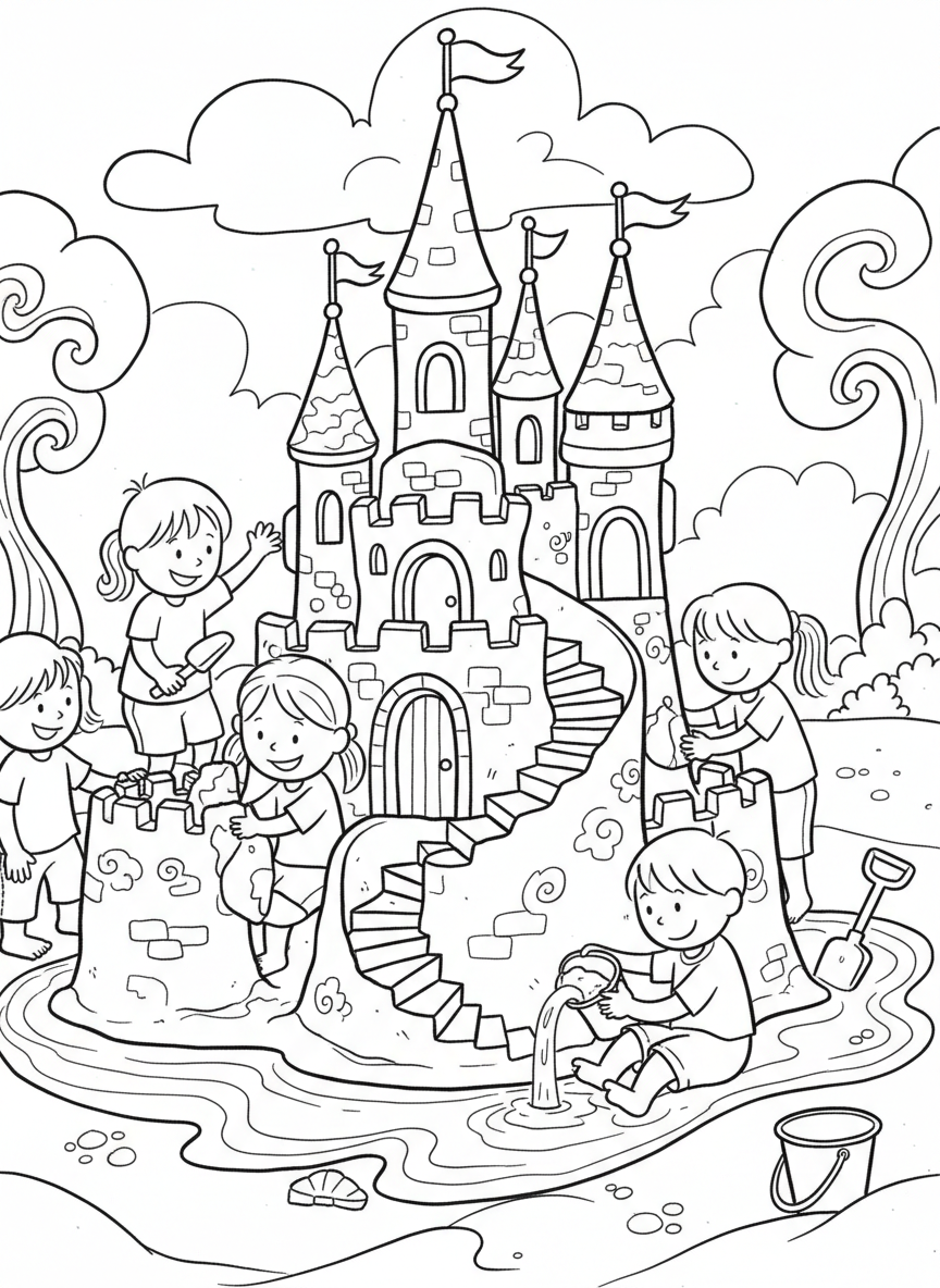 Kids constructing a fairy tale castle with tall spires, arched doorways, and a winding staircase carved into the sand.