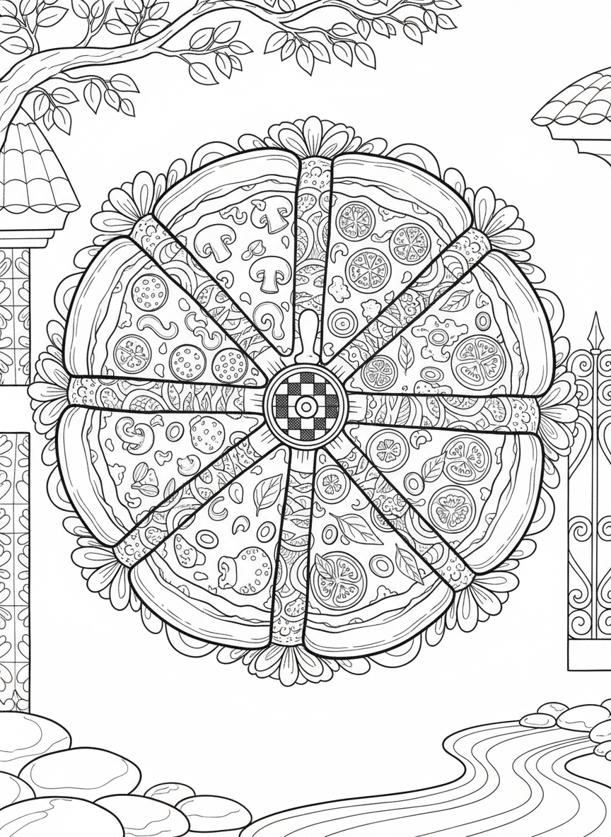 Multiple pizza slices arranged in a circle like flower petals, each with different toppings, mandala-style design