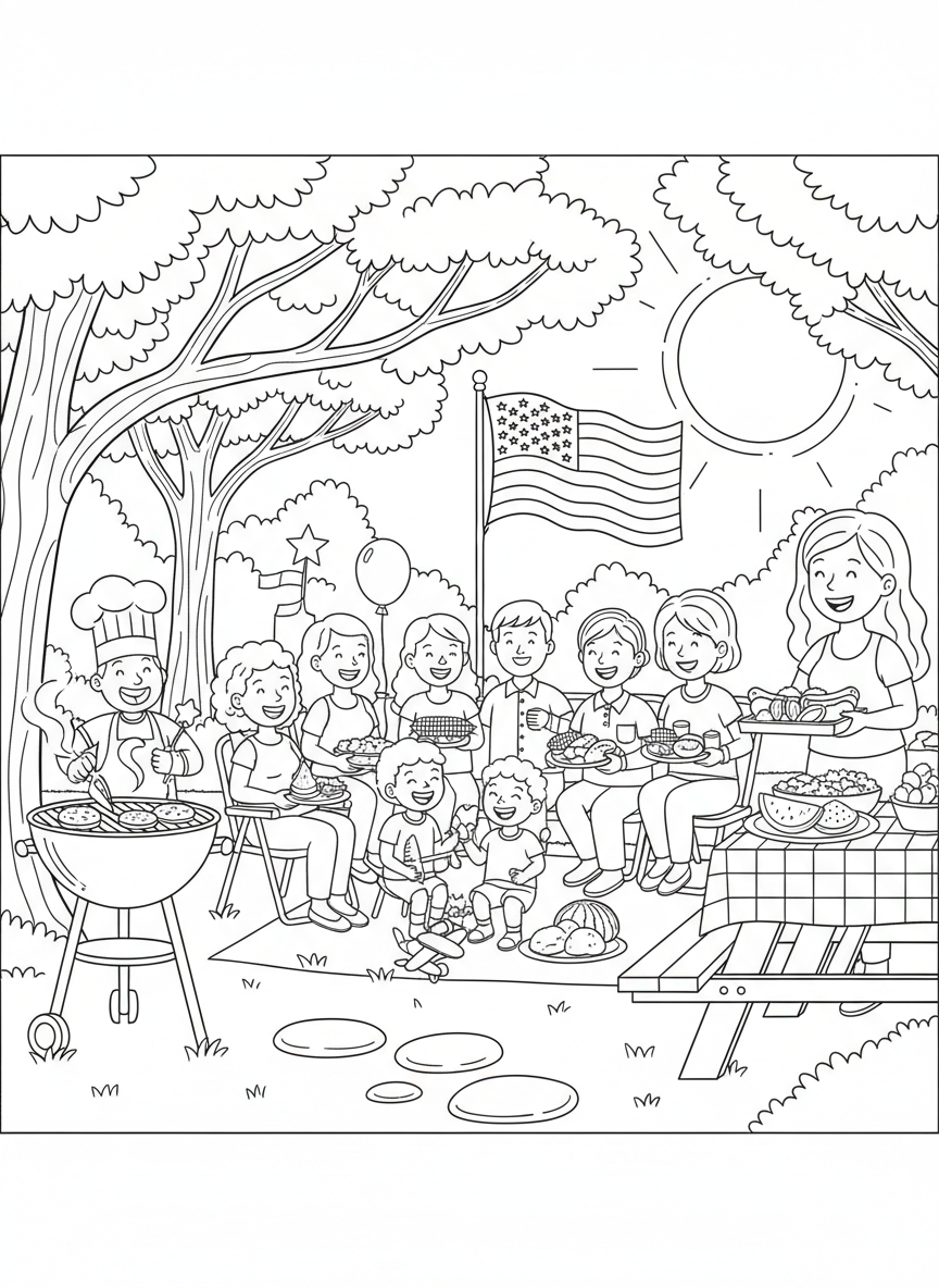 Memorial Day BBQ coloring page prompts highlighting backyard gatherings, grilling traditions, and the start of summer.	An afternoon moment with guests seated comfortably, enjoying food and conversation.