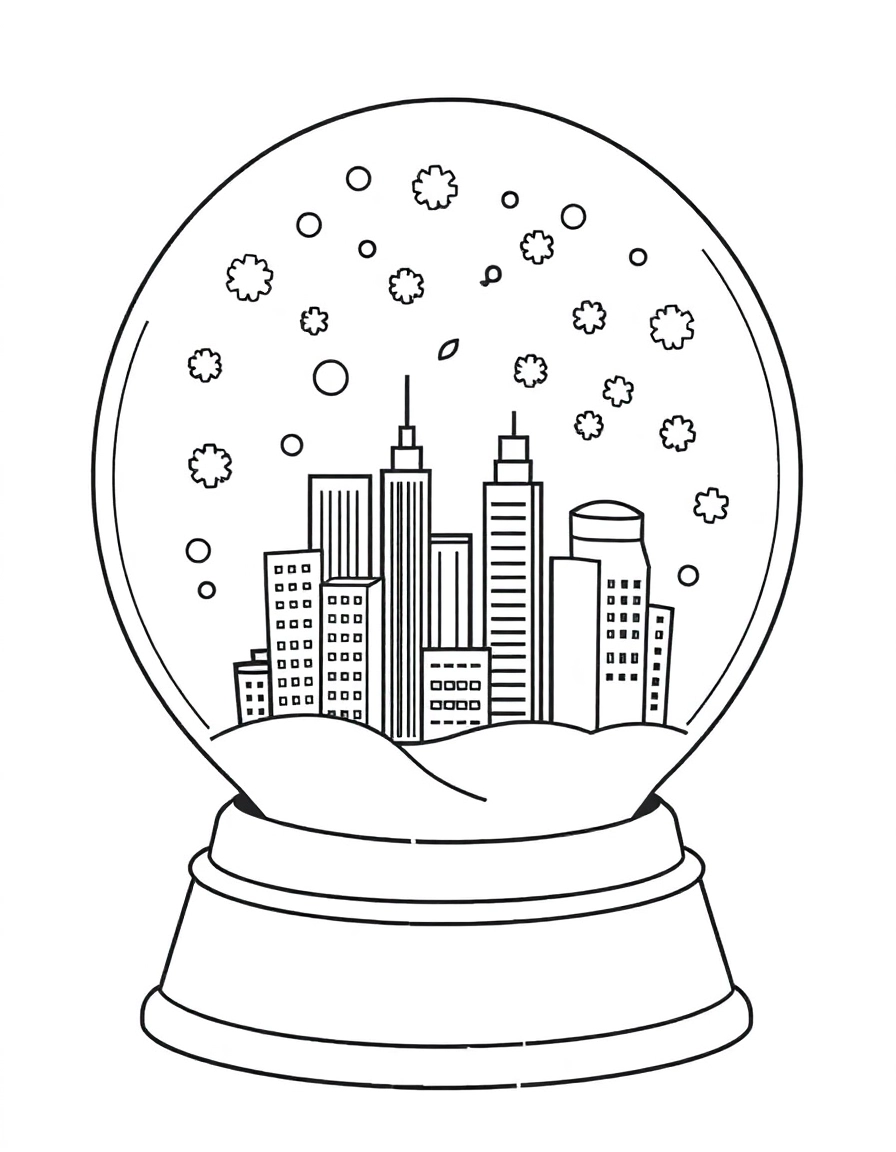 snow globes: City Skyline: A snow globe featuring a mini city skyline with simple skyscrapers, shaking up big snowflakes over the buildings.