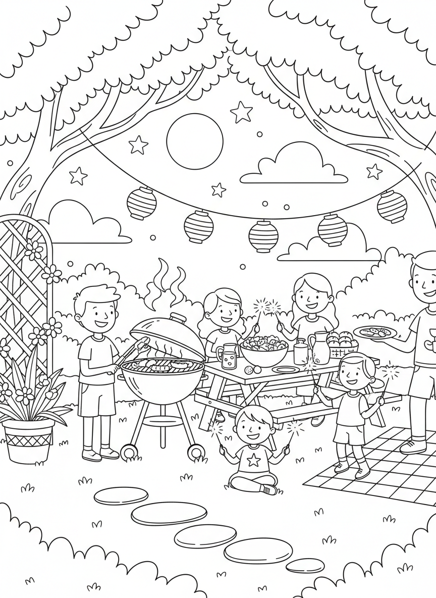Memorial Day BBQ coloring page prompts highlighting backyard gatherings, grilling traditions, and the start of summer.	An early evening barbecue scene as the sun lowers and the gathering winds down.