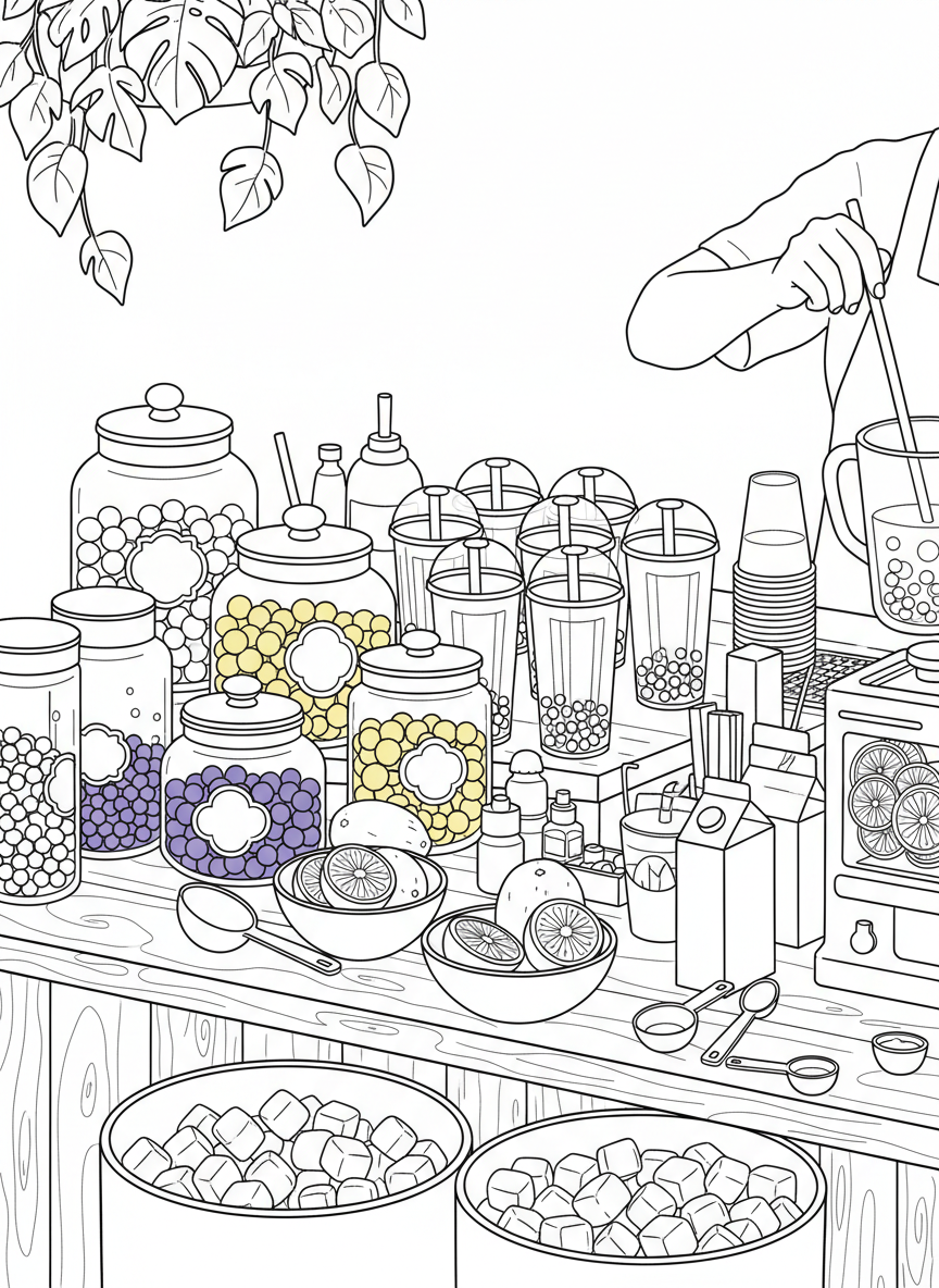 A bubble tea making station showing empty cups, containers of different boba flavors, fruit slices, and measuring spoons