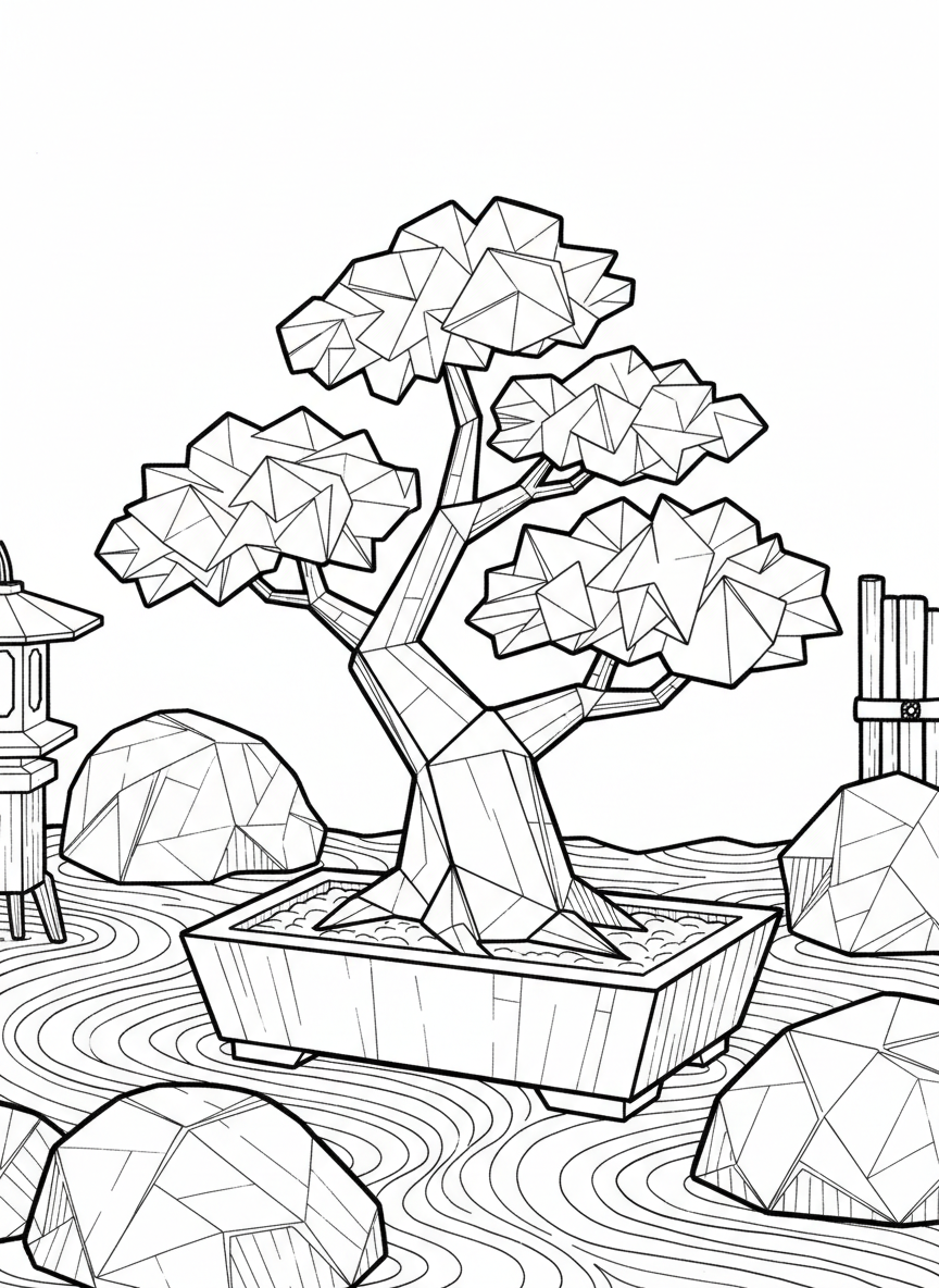An origami bonsai tree with angular trunk, geometric foliage clusters showing fold patterns, in a traditional rectangular pot, zen garden style.