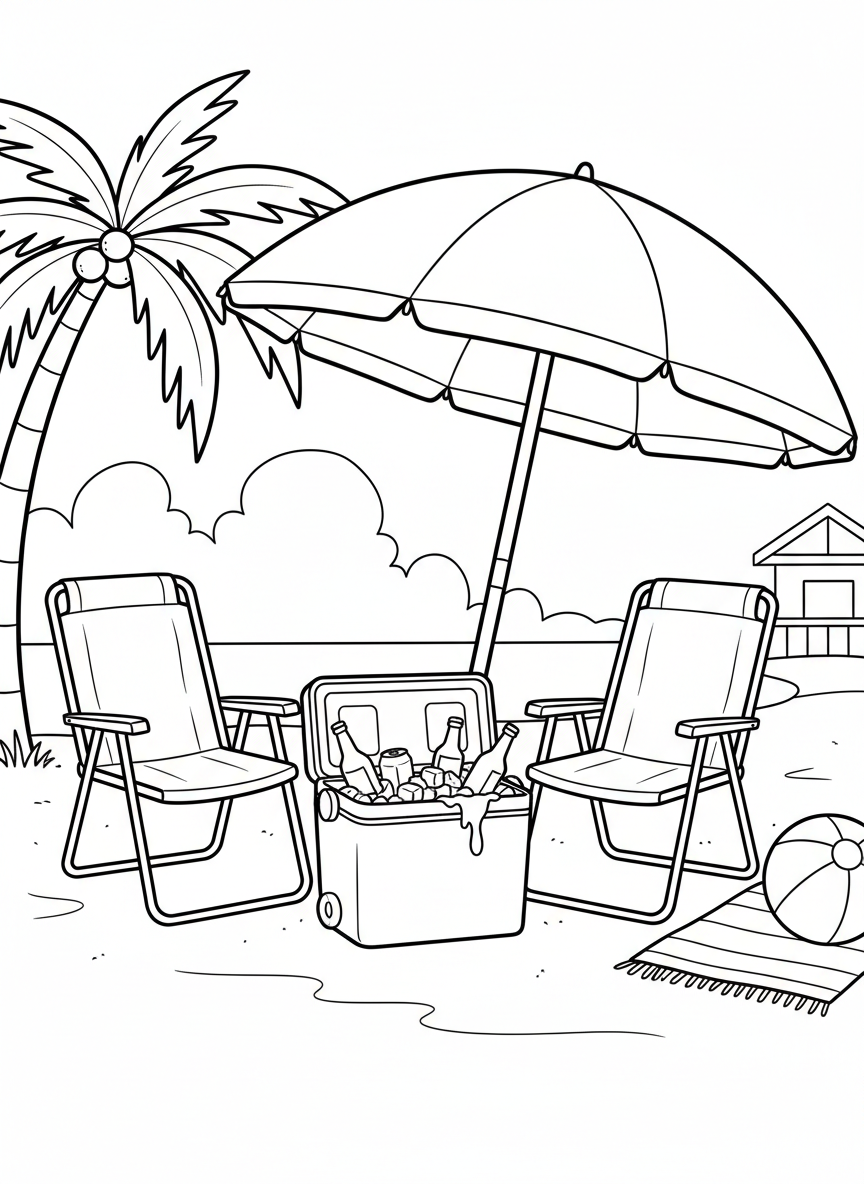 A cooler filled with ice and drinks next to folding lawn chairs under a large umbrella.
