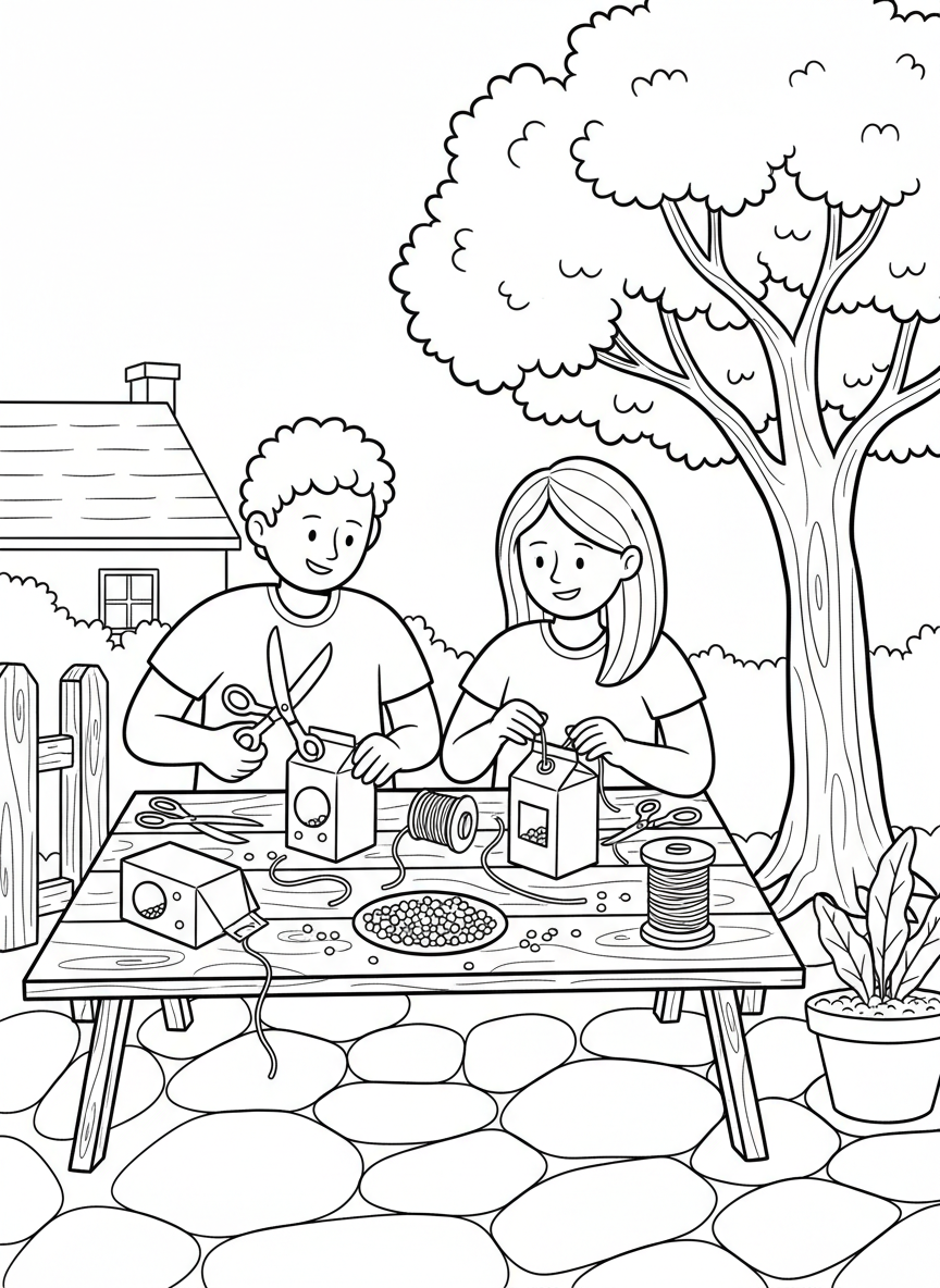 Two friends making bird feeders from recycled milk cartons, sitting at a table with scissors, string, and birdseed scattered around.