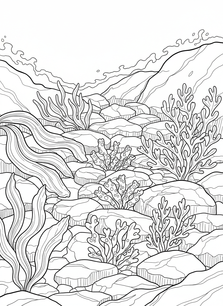 Tide pool garden showing different seaweed textures: wavy dulse, bumpy rockweed, and feathery sea lettuce attached to rocks