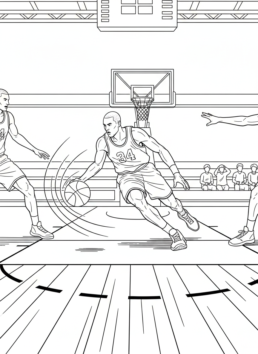 A basketball player dribbling the ball down the court in an action pose, jersey number visible, dynamic movement captured in line art.