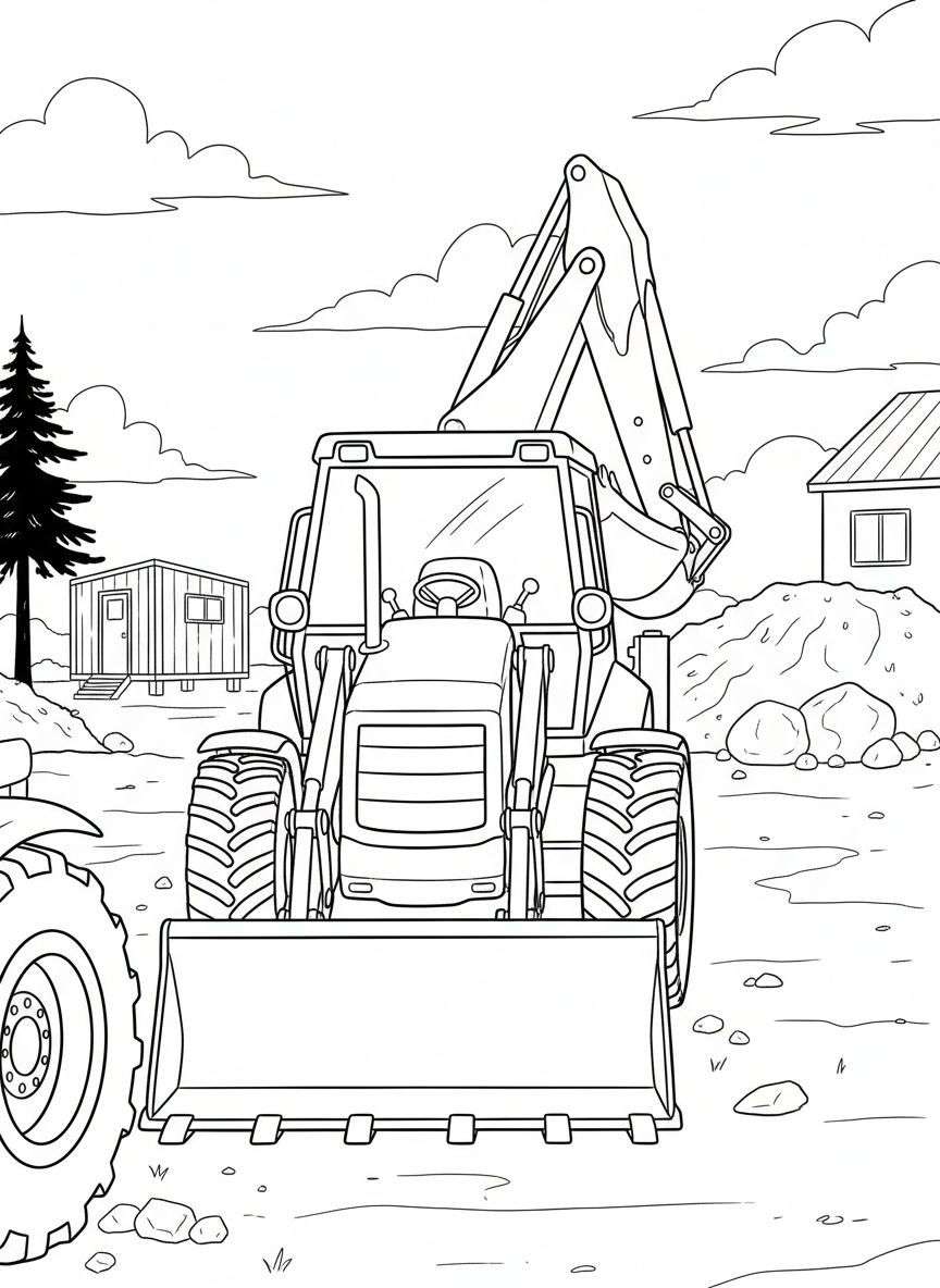 A backhoe loader with front bucket and rear digger arm, parked and ready to work, symmetrical composition.