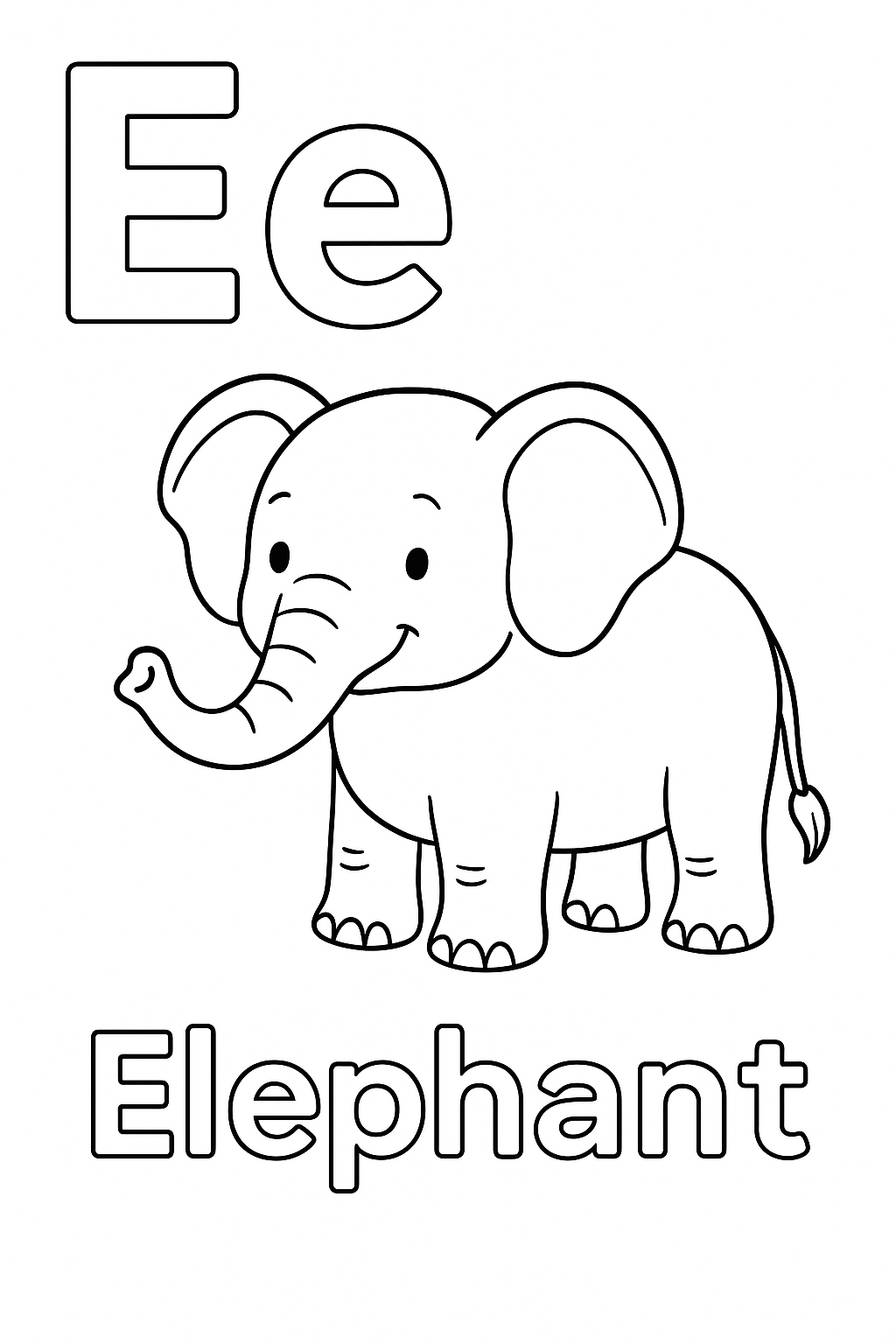 The uppercase letter “E” next to the lowercase letter “e”. With an elephant image under the letters. Write out the object “Elephant”.