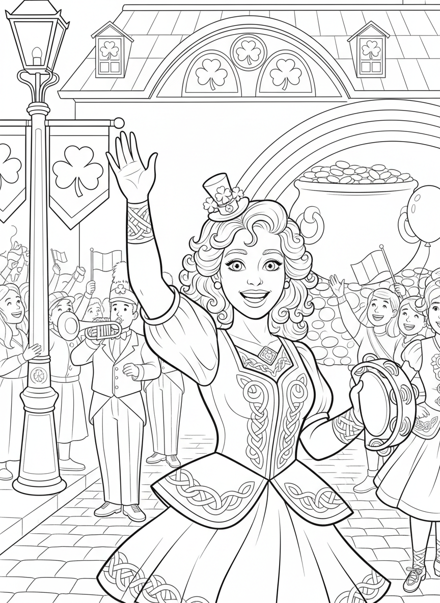 Saint Patrick Parade coloring page prompts featuring marching bands, festive floats, costumes, and lively crowds.	A close-up moment of a parade performer waving to spectators, joy and pride visible on their face.