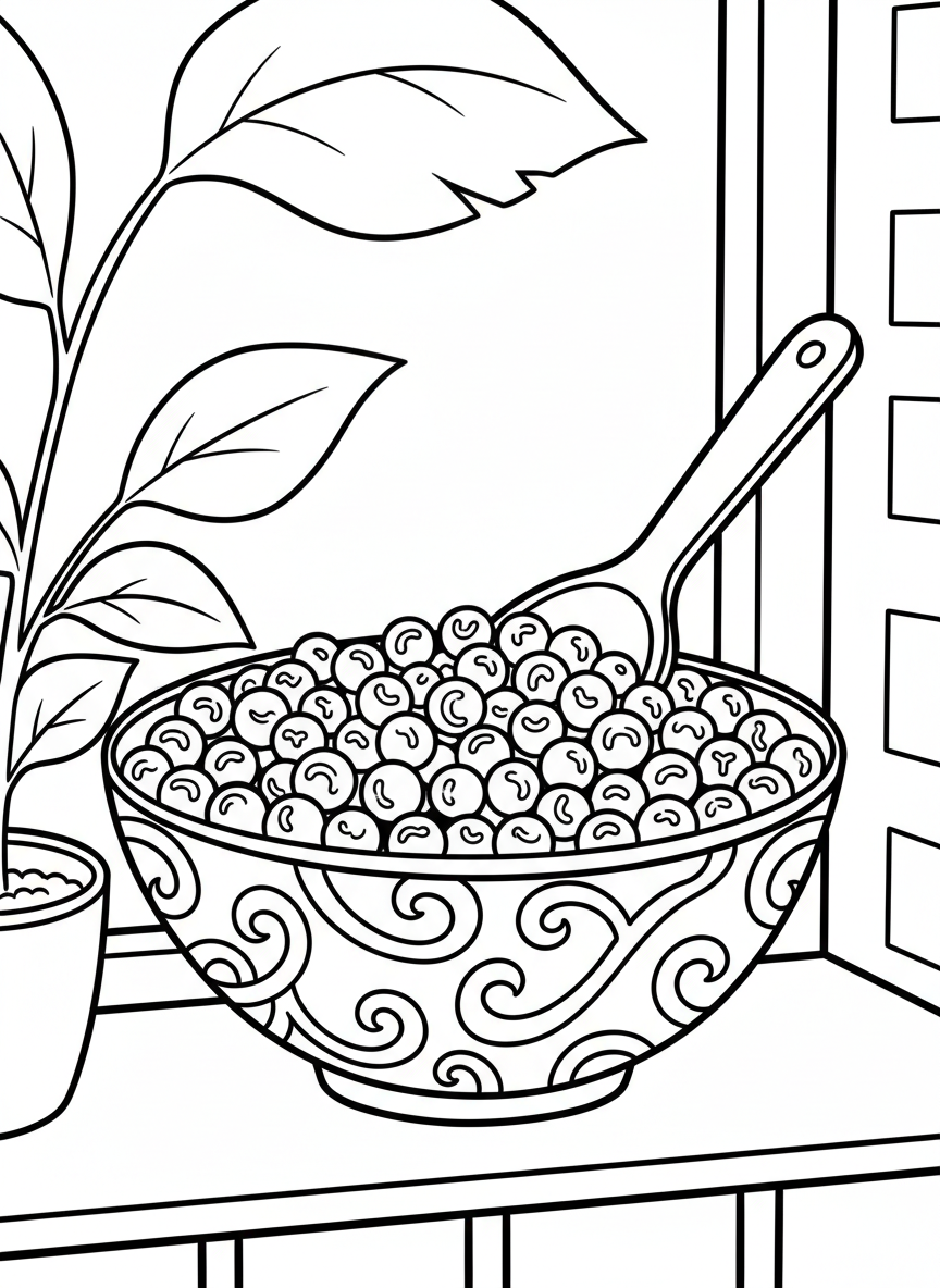 Close-up view of boba pearls in a decorative bowl with a spoon, showing individual round tapioca balls with shine marks
